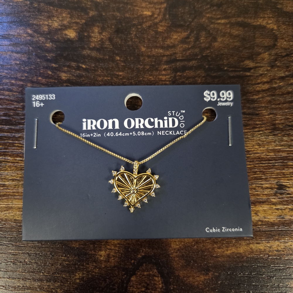 Iron Orchid Gold Spiked Heart Necklace with Cubic Zirconia